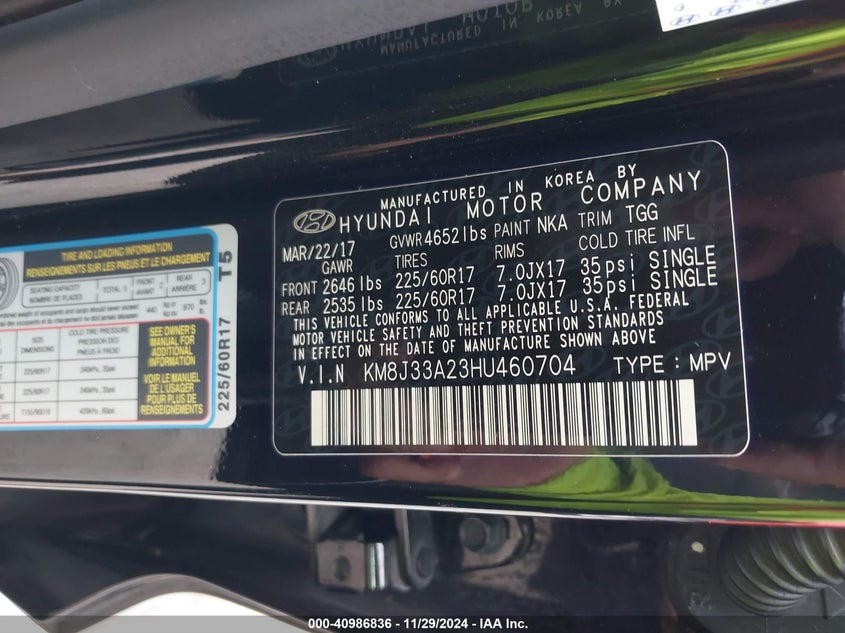 VIN KM8J33A23HU460704 2017 HYUNDAI TUCSON ECO