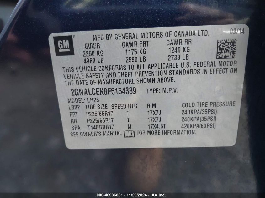 VIN 2GNALCEK8F6154339 2015 CHEVROLET EQUINOX no.9