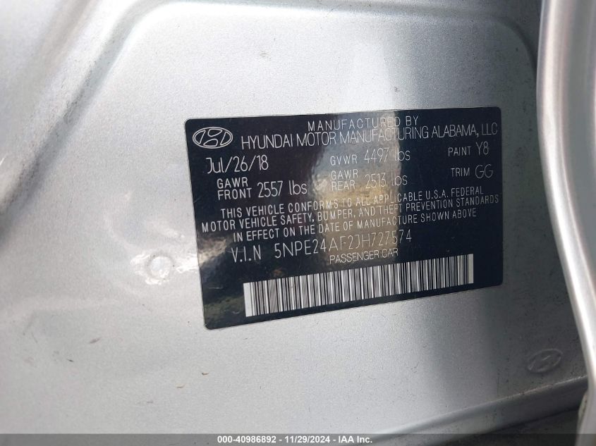 VIN 5NPE24AF2JH727574 2018 HYUNDAI SONATA no.9