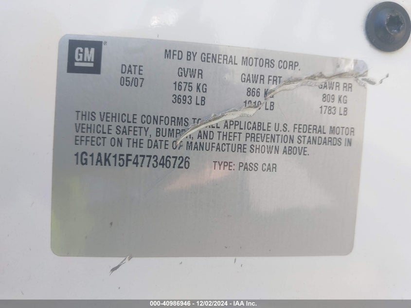 2007 CHEVROLET COBALT VIN: 1G1AK15F477346726