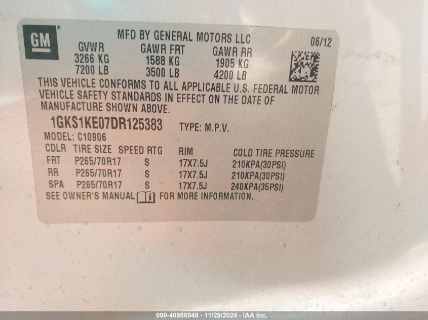 VIN 1GKS1KE07DR125383 2013 GMC Yukon Xl 1500, Slt no.9