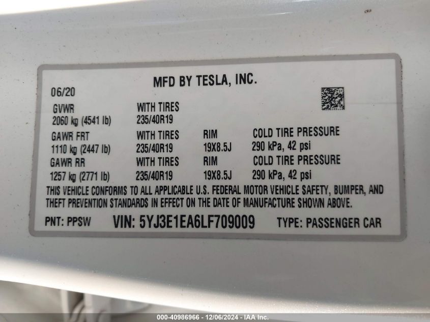 2020 TESLA MODEL 3 STANDARD RANGE PLUS REAR-WHEEL DRIVE/STANDARD RANGE REAR-WHEEL DRIVE - 5YJ3E1EA6LF709009