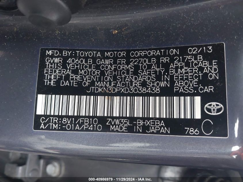 VIN JTDKN3DPXD3038438 2013 TOYOTA PRIUS PLUG-IN no.9