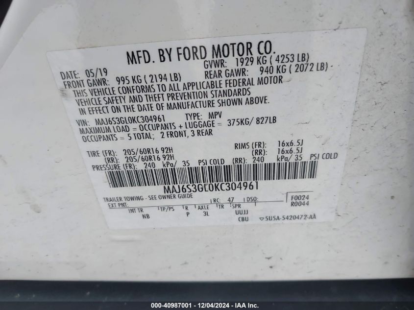 2019 Ford Ecosport Se VIN: MAJ6S3GL0KC304961 Lot: 40987001