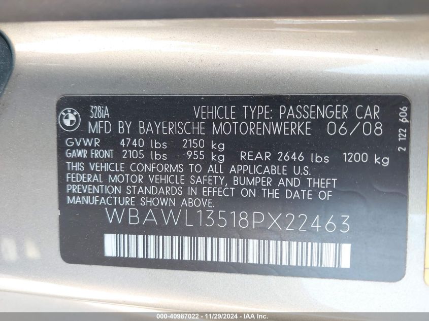 2008 BMW 328I VIN: WBAWL13518PX22463 Lot: 40987022