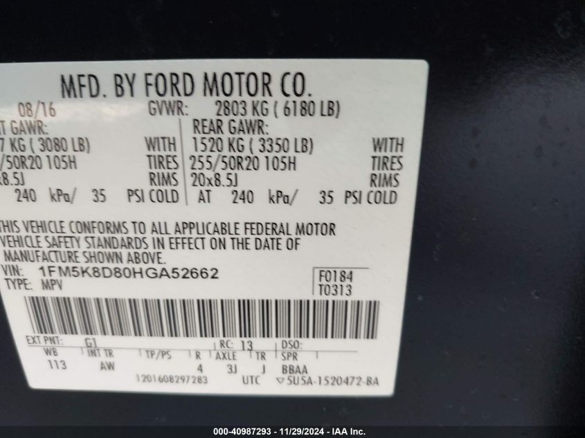 VIN 1FM5K8D80HGA52662 2017 FORD EXPLORER no.9