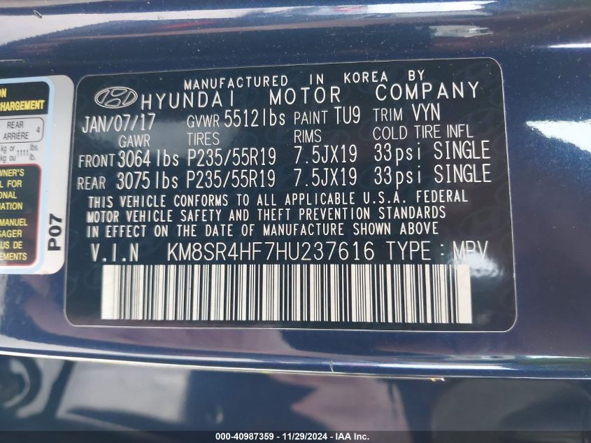 VIN KM8SR4HF7HU237616 2017 Hyundai Santa Fe, Limite... no.9