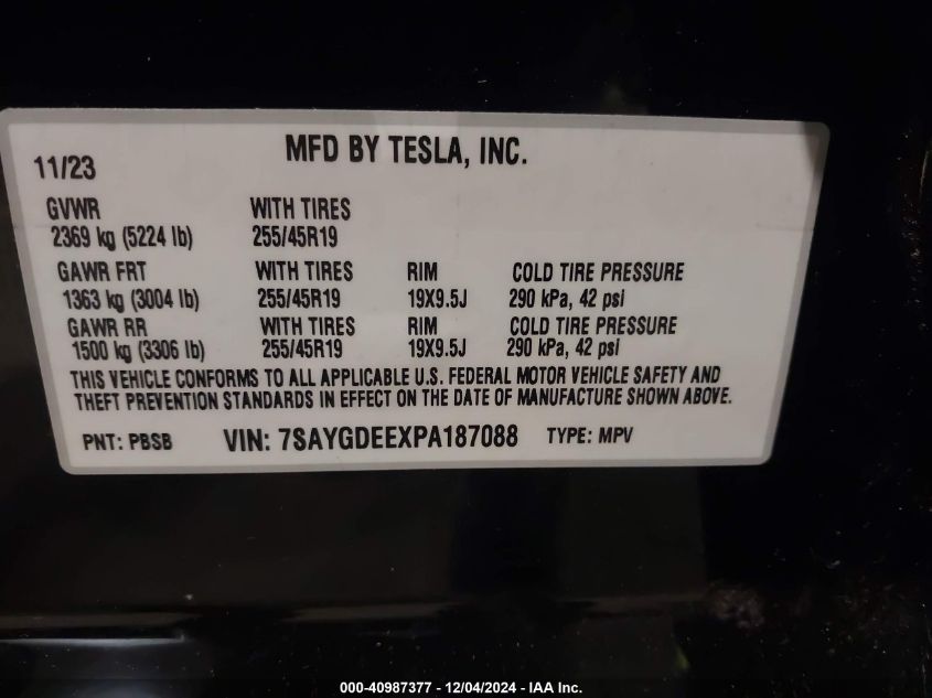 2023 Tesla Model Y Awd/Long Range Dual Motor All-Wheel Drive VIN: 7SAYGDEEXPA187088 Lot: 40987377