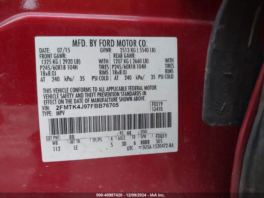 VIN 2FMTK4J97FBB76705 2015 Ford Edge, Sel no.9