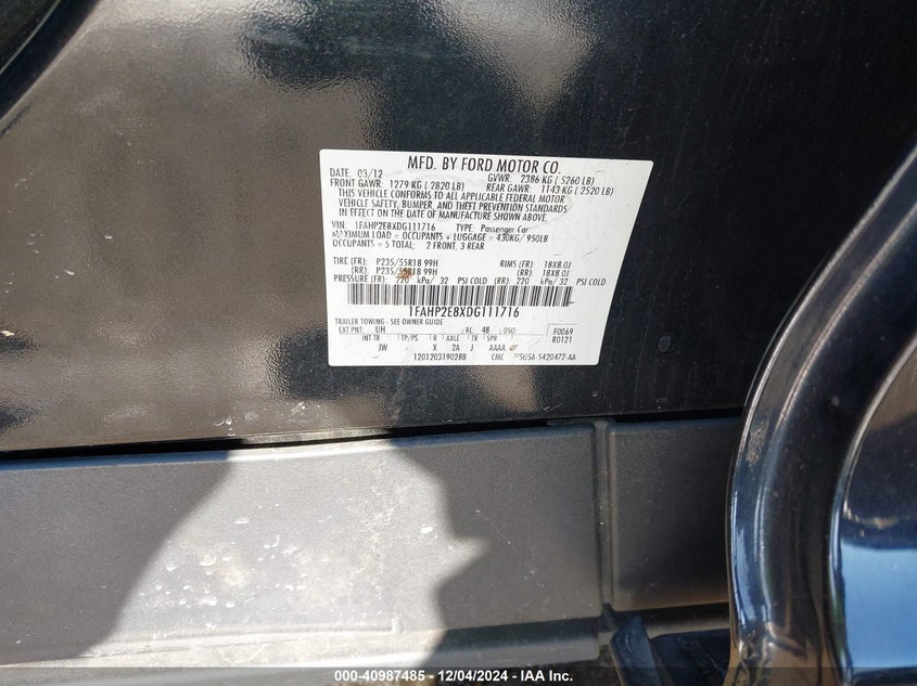 2013 FORD TAURUS VIN: 1FAHP2E8XDG111716