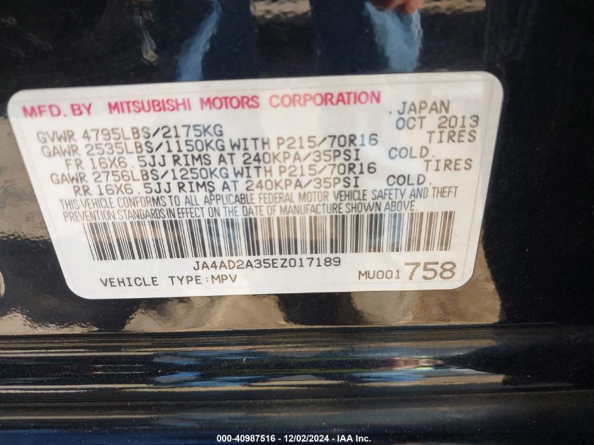 2014 Mitsubishi Outlander Es VIN: JA4AD2A35EZ017189 Lot: 40987516