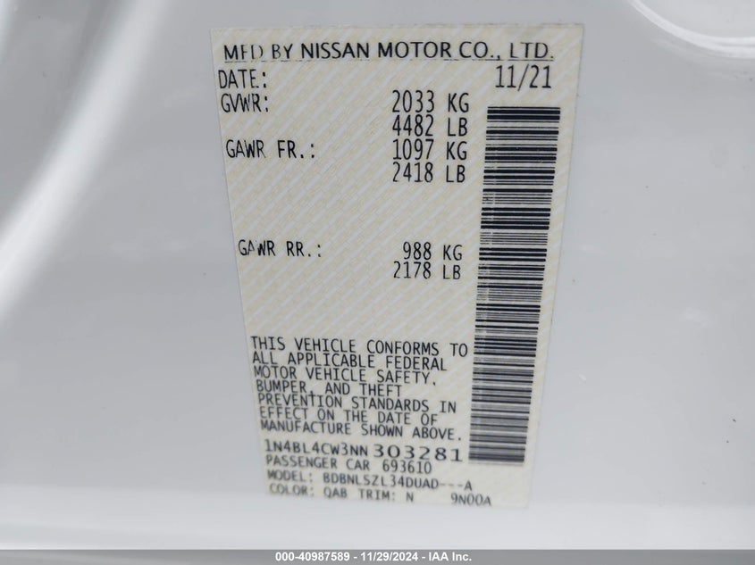 2022 NISSAN ALTIMA VIN: 1N4BL4CW3NN303281