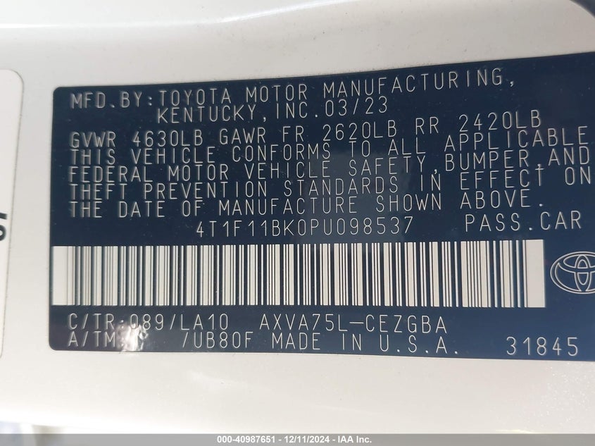 2023 TOYOTA CAMRY VIN: 4T1F11BK0PU098537