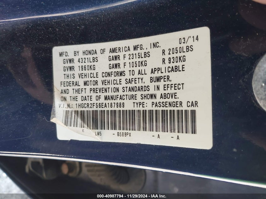 2014 HONDA ACCORD VIN: 1HGCR2F56EA187989