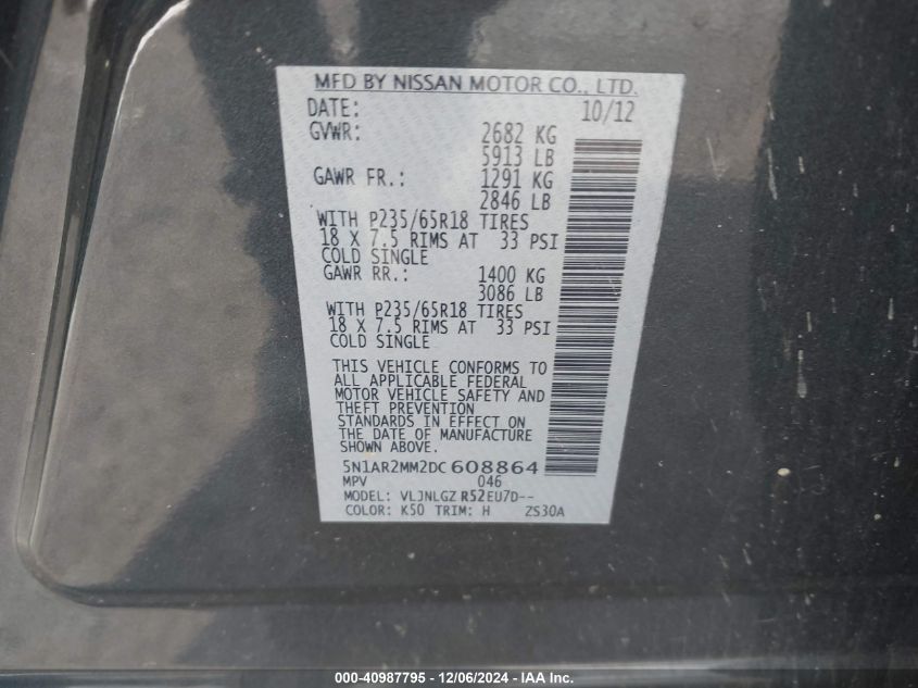 VIN 5N1AR2MM2DC608864 2013 Nissan Pathfinder, SL no.9