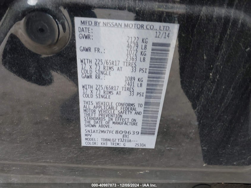 2015 NISSAN ROGUE SV - 5N1AT2MV7FC809639