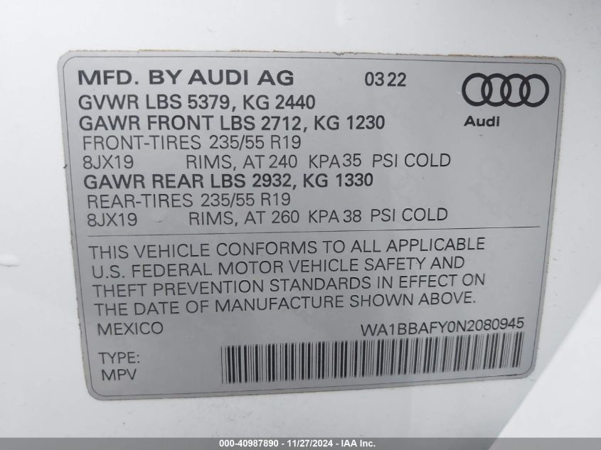 2022 Audi Q5 Premium Plus 40 Tfsi Quattro S Tronic VIN: WA1BBAFY0N2080945 Lot: 40987890