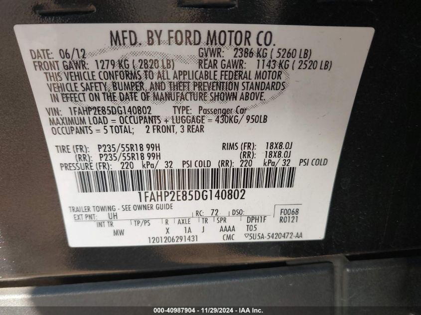 VIN 1FAHP2E85DG140802 2013 Ford Taurus, Sel no.9