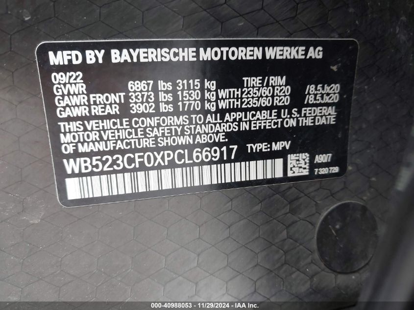 VIN WB523CF0XPCL66917 2023 BMW IX no.9