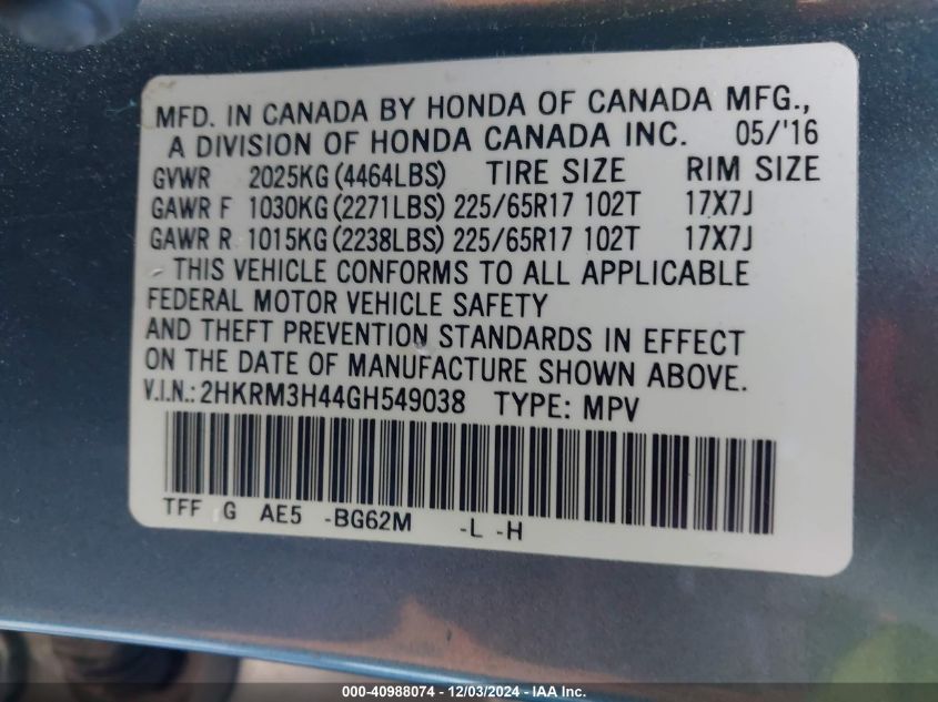 VIN 2HKRM3H44GH549038 2016 HONDA CR-V no.9