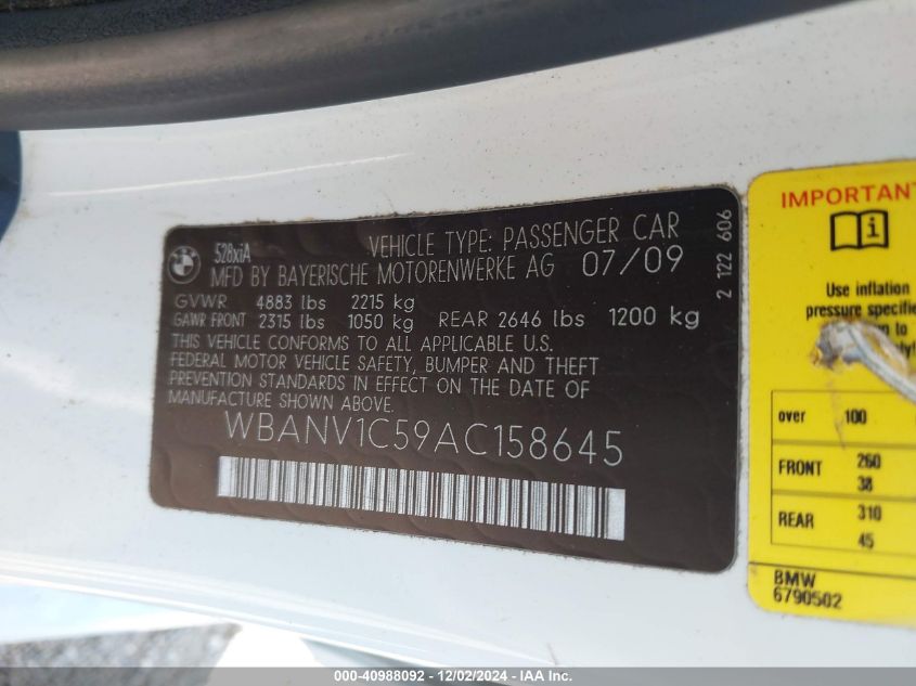 2010 BMW 528Xi Awd VIN: WBANV1C59AT158645 Lot: 40988092