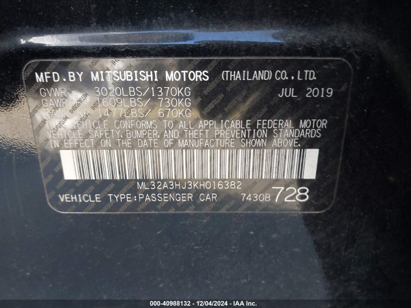 VIN ML32A3HJ3KH016382 2019 Mitsubishi Mirage, RF no.9