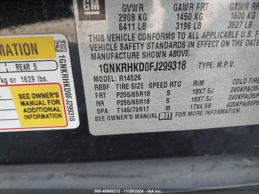 VIN 1GNKRHKD0FJ299318 2015 CHEVROLET TRAVERSE no.9