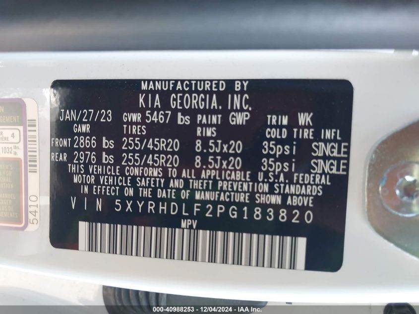 2023 Kia Sorento X-Line Ex VIN: 5XYRHDLF2PG183820 Lot: 40988253