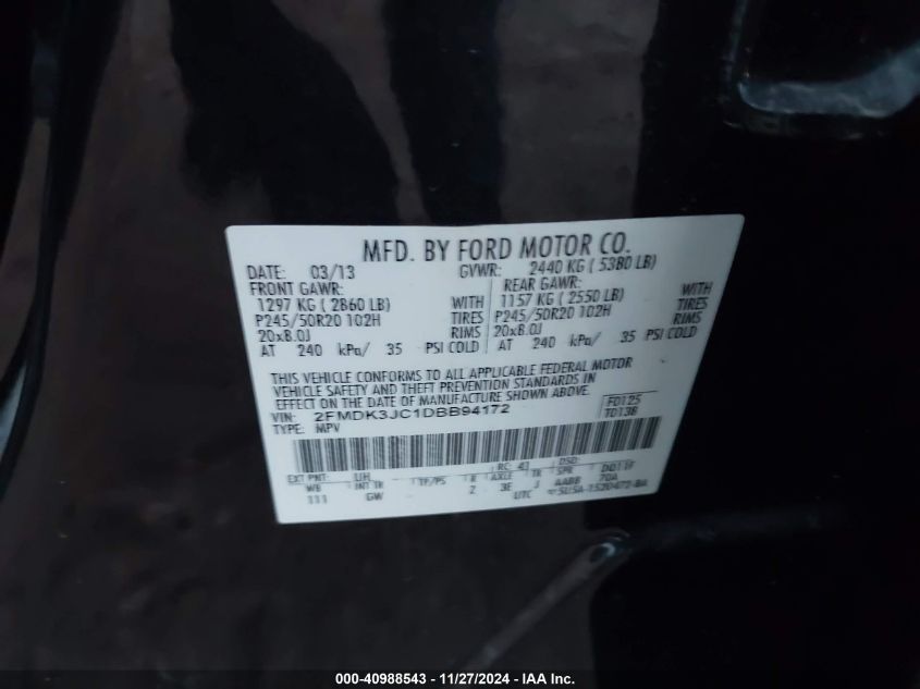 VIN 2FMDK3JC1DBB94172 2013 FORD EDGE no.9