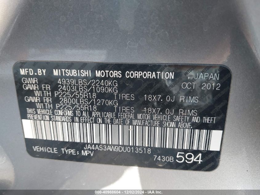 2013 Mitsubishi Outlander Se VIN: JA4AS3AW9DU013518 Lot: 40988604