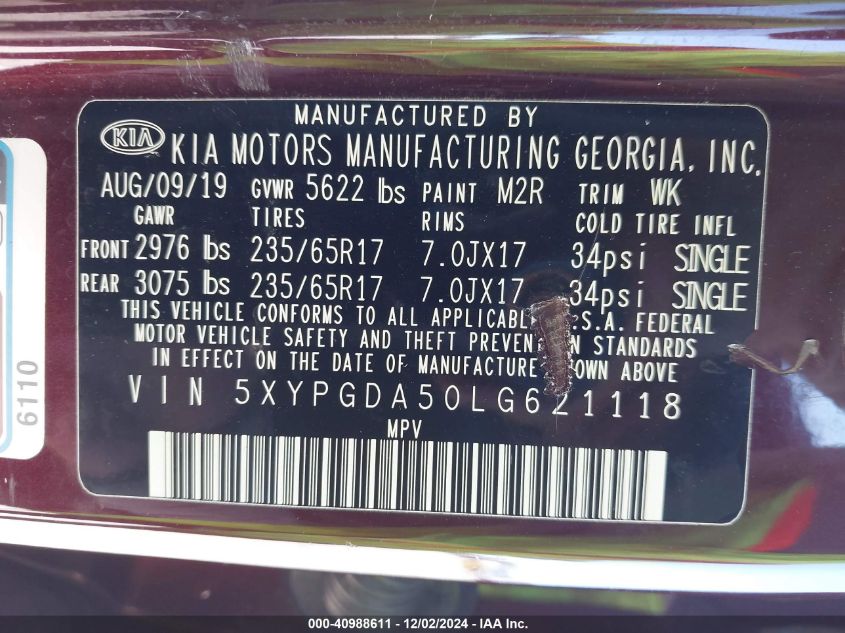 2020 Kia Sorento 3.3L Lx VIN: 5XYPGDA50LG621118 Lot: 40988611