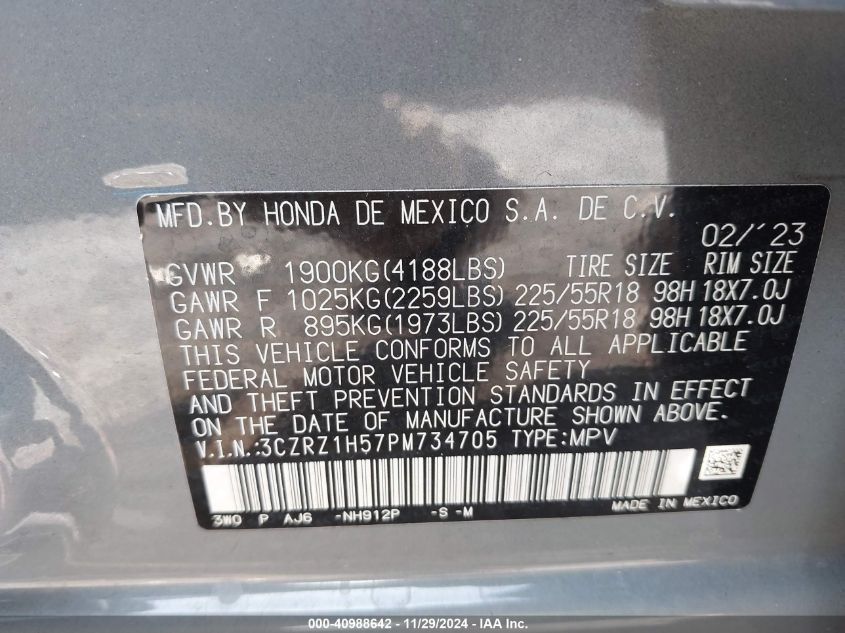 2023 Honda Hr-V 2Wd Sport VIN: 3CZRZ1H57PM734705 Lot: 40988642