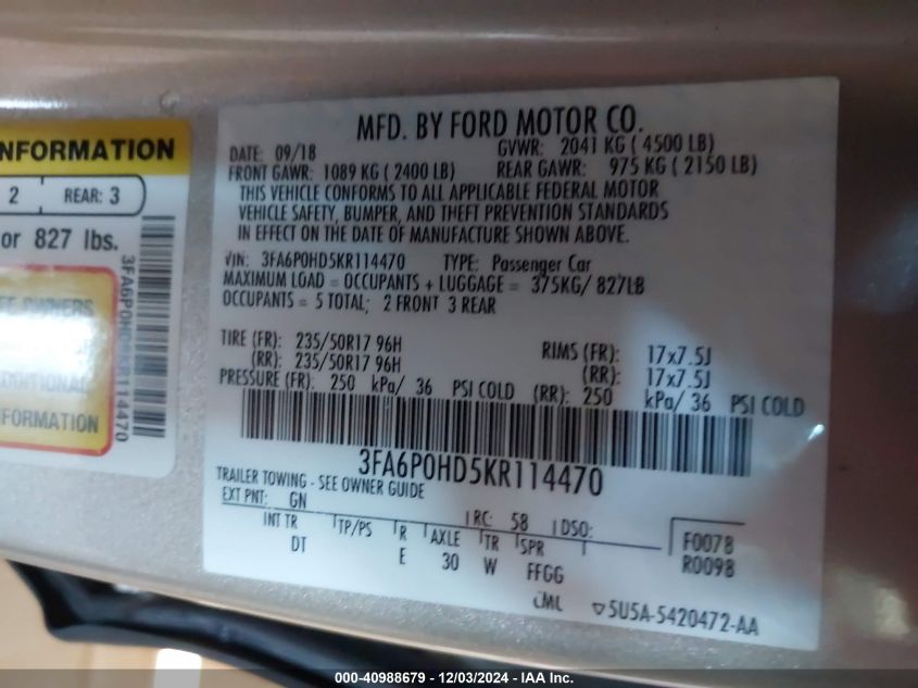 VIN 3FA6P0HD5KR114470 2019 FORD FUSION no.9