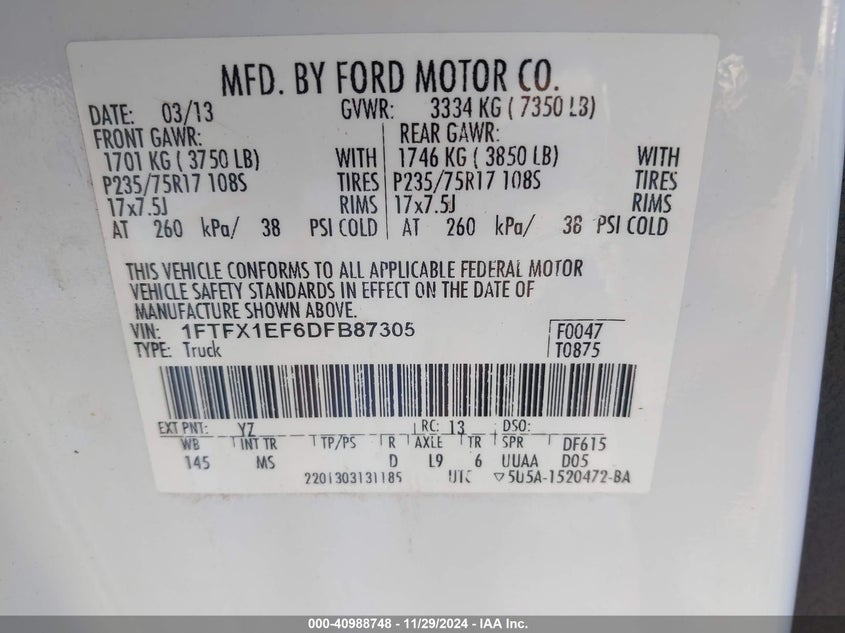 2013 FORD F-150 VIN: 1FTFX1EF6DFB87305