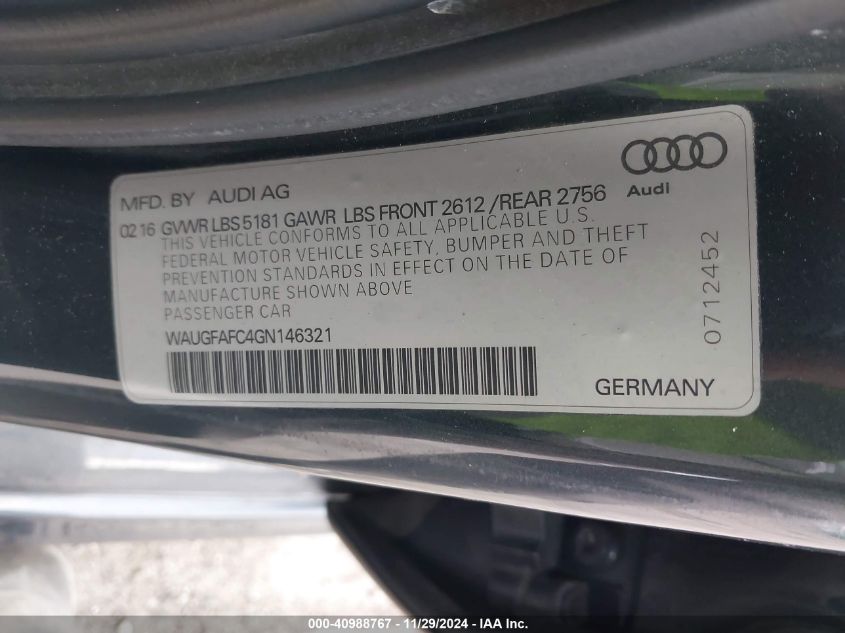 2016 Audi A6 2.0T Premium Plus VIN: WAUGFAFC4GN146321 Lot: 40988767