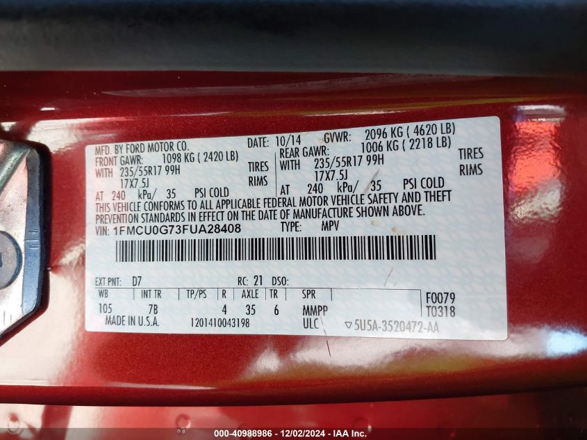 VIN 1FMCU0G73FUA28408 2015 Ford Escape, SE no.9