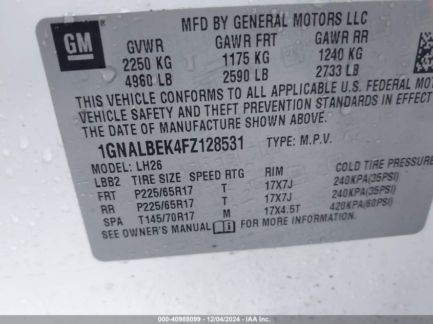 VIN 1GNALBEK4FZ128531 2015 Chevrolet Equinox, 1LT no.9