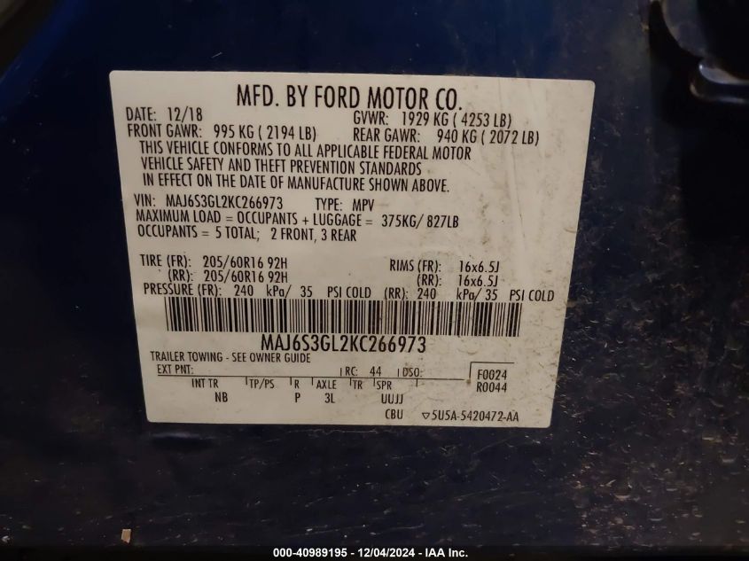 VIN MAJ6S3GL2KC266973 2019 Ford Ecosport, SE no.9