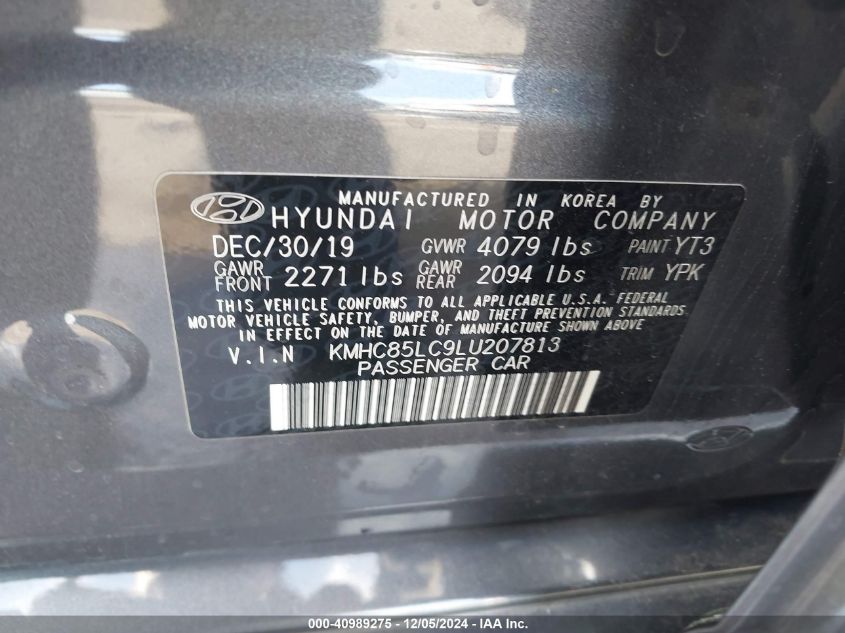 2020 Hyundai Ioniq Hybrid Sel VIN: KMHC85LC9LU207813 Lot: 40989275