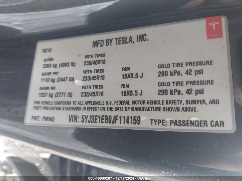 VIN 5YJ3E1EB0JF114159 2018 Tesla Model 3, Long Rang... no.9