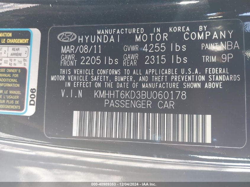 2011 Hyundai Genesis 2.0T VIN: KMHHT6KD3BU060178 Lot: 40989353