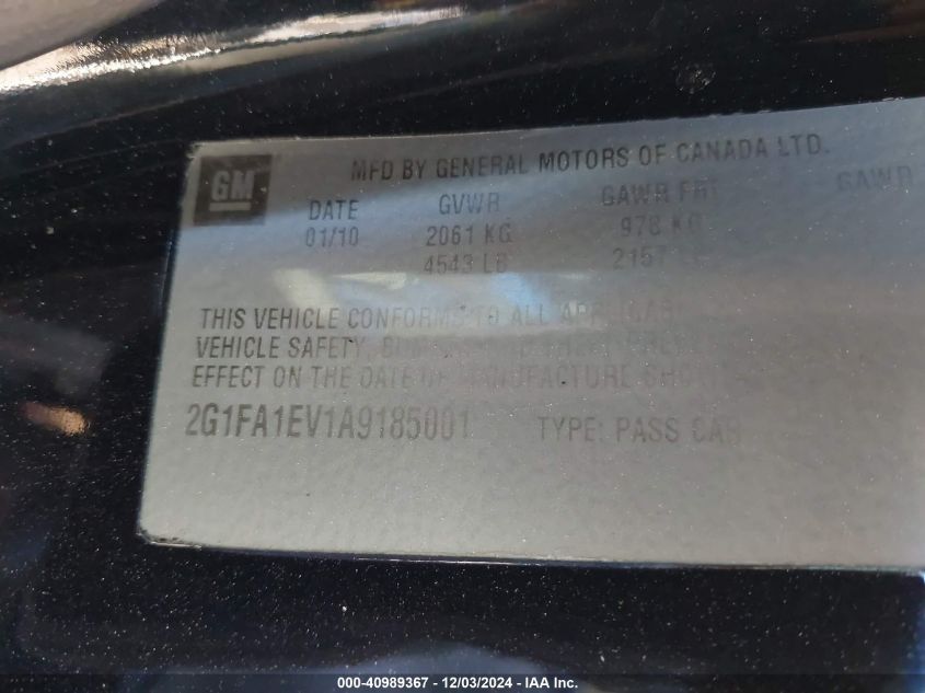 2010 CHEVROLET CAMARO VIN: 2G1FA1EV1A9185001