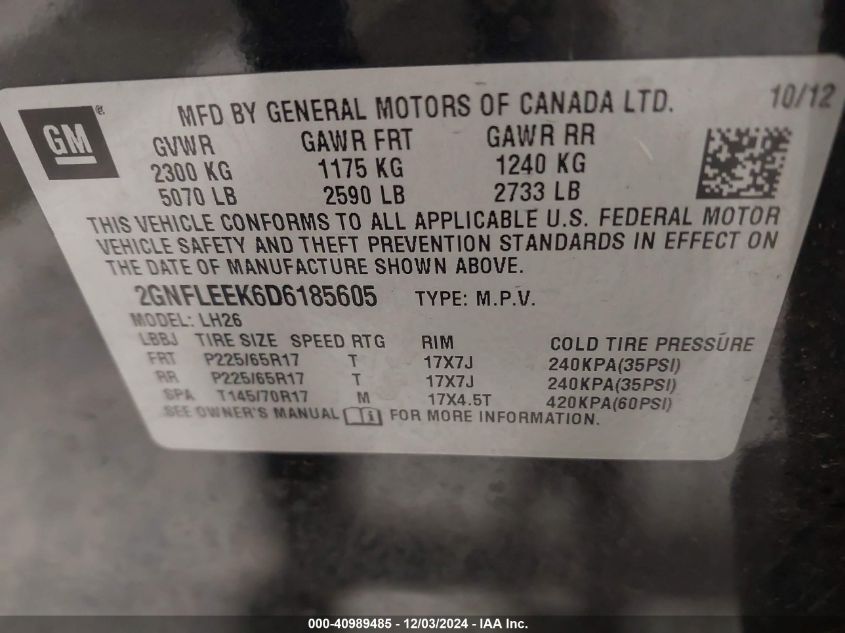 VIN 2GNFLEEK6D6185605 2013 Chevrolet Equinox, 1LT no.9