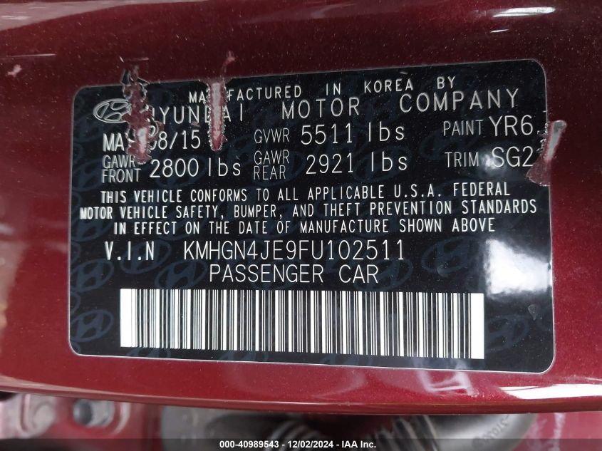 VIN KMHGN4JE9FU102511 2015 Hyundai Genesis, 3.8 no.9