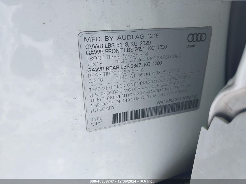 VIN WA1AECF31L1063142 2020 Audi Q3, Premium 45 Tfsi... no.9