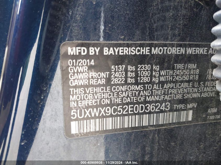 VIN 5UXWX9C52E0D36243 2014 BMW X3, Xdrive28I no.9