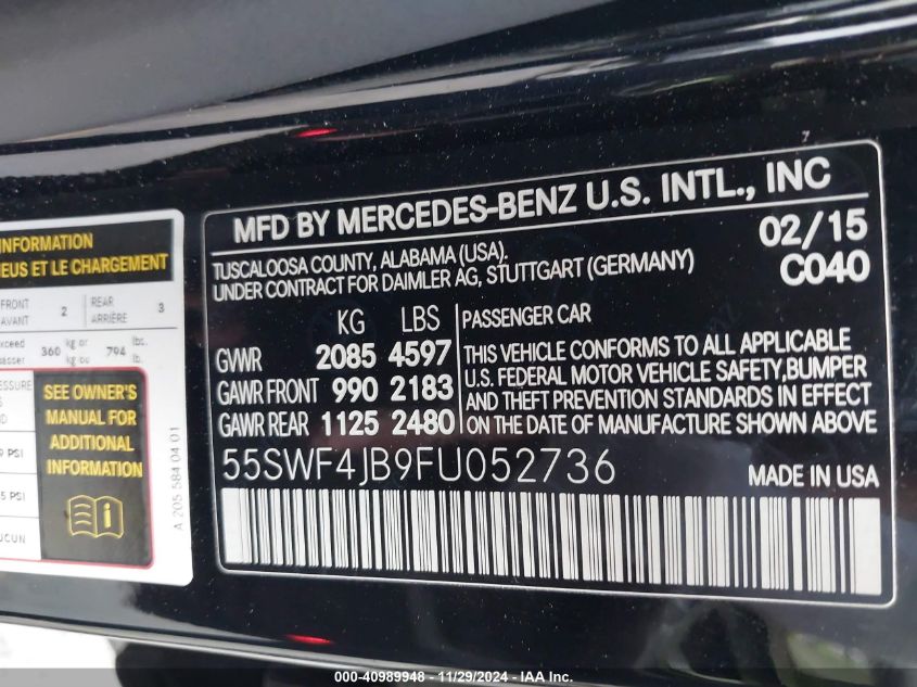 VIN 55SWF4JB9FU052736 2015 Mercedes-Benz C 300, Lux... no.9