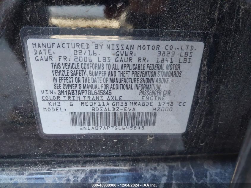 VIN 3N1AB7AP7GL645845 2016 Nissan Sentra, Fe+ S/S/S... no.9