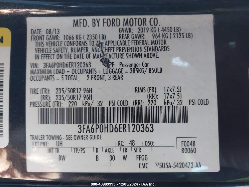 2014 FORD FUSION VIN: 3FA6P0HD6ER120363