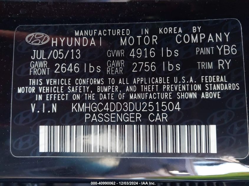 2013 Hyundai Genesis 3.8 VIN: KMHGC4DD3DU251504 Lot: 40990062